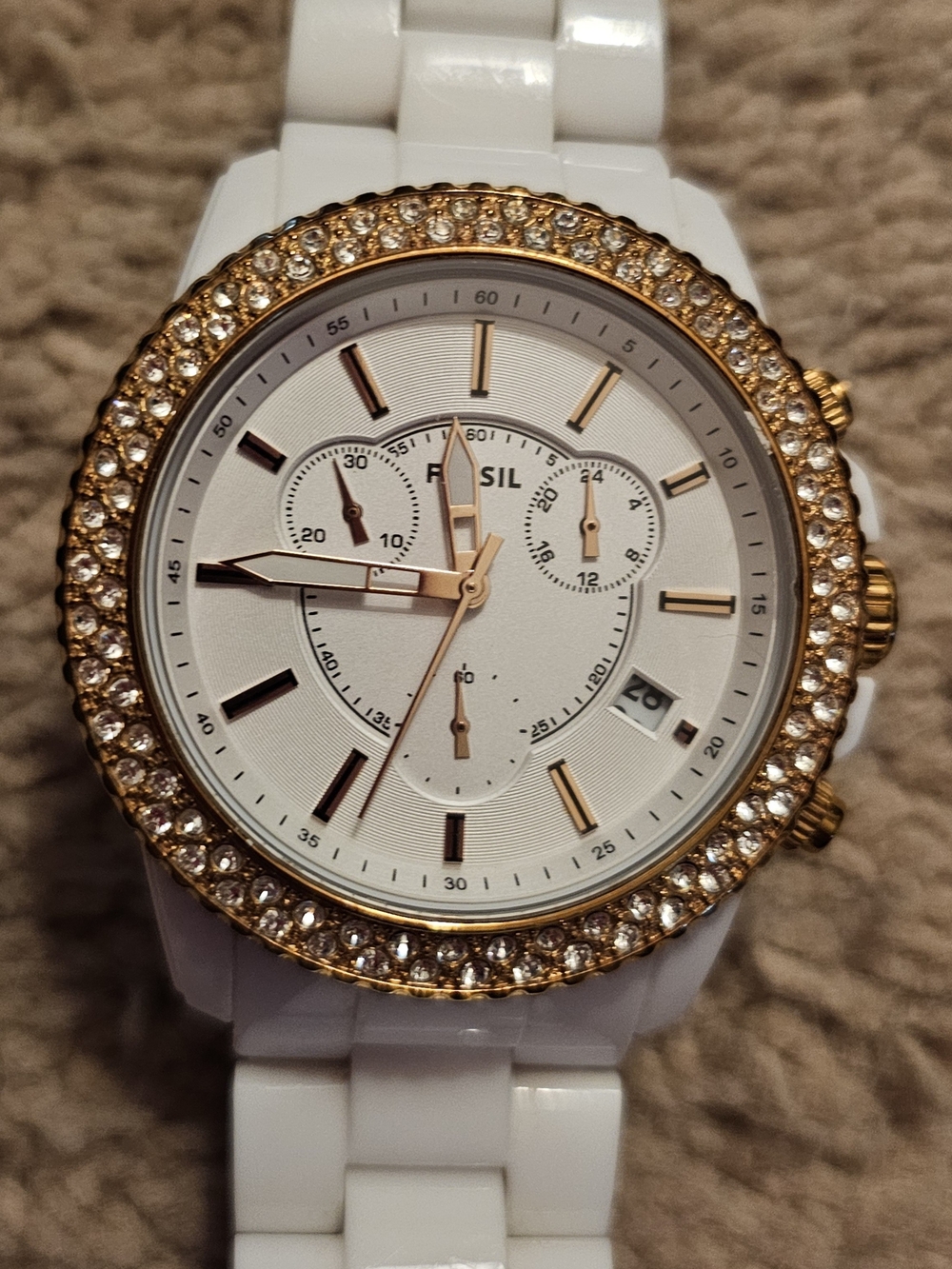 Fossil White Ceramic Bracelet Watch with Gold Crystal Bezel